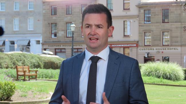 Labor leader MP Dean Winter speaks to the media on Parliament Lawns in Hobart on Friday, December 6, 2024.