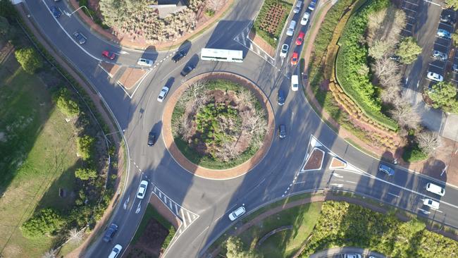 Traffic at the roundabout intersection of Lexington Drive and Norwest Blvd, Bella Vista. Picture: Cinemair Aerial Photography (