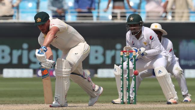 Aaron Finch’s game is well suited to subcontinental conditions. Picture: AFP