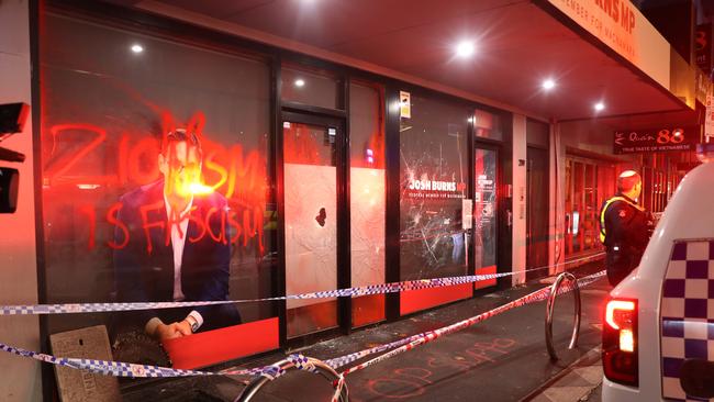 Mr Burns’s vandalised electoral office in Melbourne’s St Kilda. Picture: David Crosling