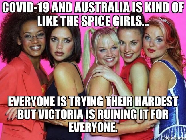 Memes soared to spectacularly rude new heights in 2020, including this one which took a swipe at Victoria's efforts to control the virus.