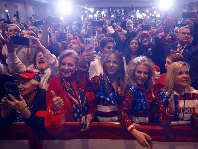 Trump supporters cheer as former US president Donald Trump delivers remarks during his primary night rally at the Sheraton in Nashua, New Hampshire. Picture: Getty Images