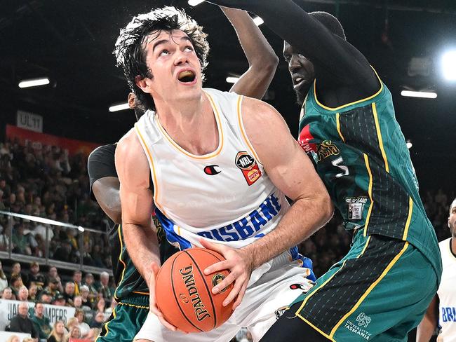 HOBART, AUSTRALIA - NOVEMBER 15: Josh Bannon of the Bullets drives to the basket during the round nine NBL match between Tasmania Jackjumpers and Brisbane Bullets at MyState Bank Arena, on November 15, 2024, in Hobart, Australia. (Photo by Steve Bell/Getty Images)