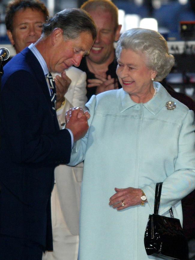 Charles, then-Prince of Wales, kisses his mother Queen Elizabeth II during Golden Jubilee celebrations in 2002. Picture: File