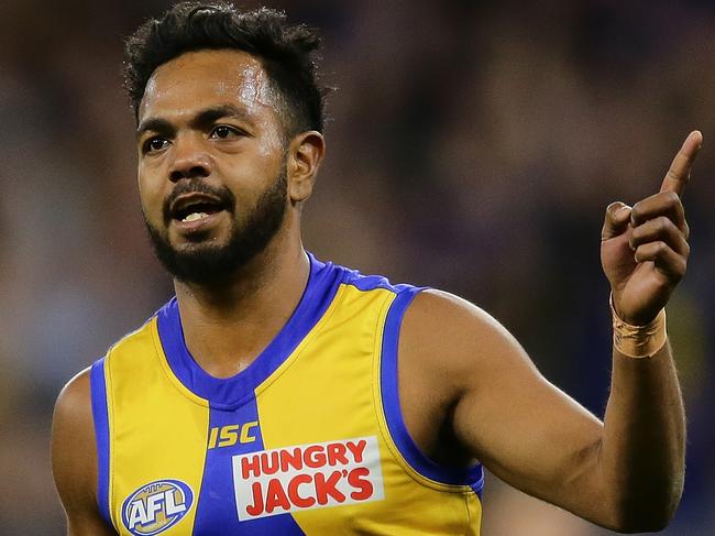 PERTH, AUSTRALIA - SEPTEMBER 05: Willie Rioli of the Eagles celebrates after scoring a goal during the AFL 1st Elimination Final match between the West Coast Eagles and the Essendon Bombers at Optus Stadium on September 05, 2019 in Perth, Australia. (Photo by Will Russell/AFL Photos via Getty Images)
