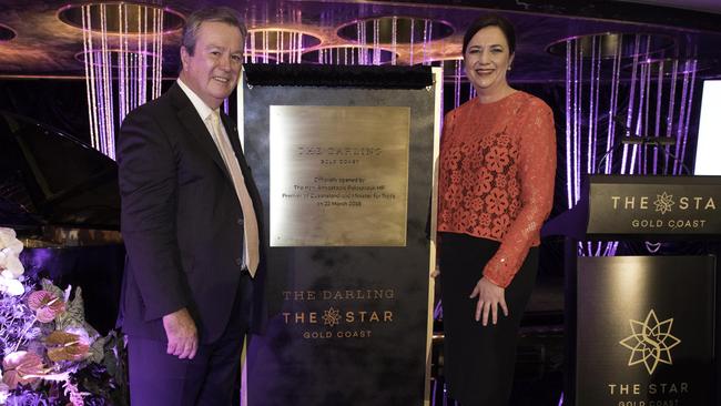 The Star Entertainment Group chairman John O'Neill and Queensland Premier Annastacia Palaszczuk at the opening of The Darling. Photo: Supplied