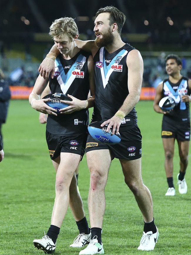 Port Adelaide’s young forward Todd Marshall and main target Charlie Dixon could do with some assitance. Picture: Sarah Reed