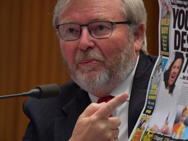 CANBERRA, AUSTRALIA - FEBRUARY 19: Former Prime Minister Kevin Rudd during the public hearing into Media diversity in Australia at the Environment and Communications References Committee in the Main Committee Room at Parliament House on February 19, 2021 in Canberra, Australia. The Senate inquiry into media diversity in Australia is examining the state of media diversity, independence and reliability in Australia and the impact that this has on public interest journalism and democracy. (Photo by Sam Mooy/Getty Images)