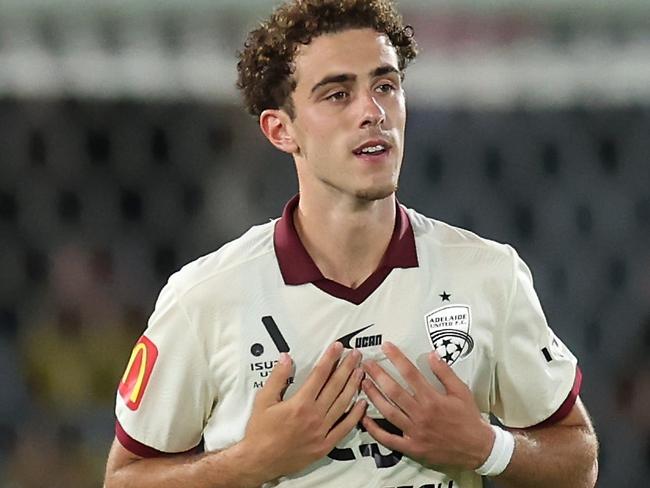 GOSFORD, AUSTRALIA - DECEMBER 13: Panagiotis Kikianis of Adelaide United celebrates goal during the round eight A-League Men match between Central Coast Mariners and Adelaide United at Industree Group Stadium, on December 13, 2024, in Gosford, Australia. (Photo by Scott Gardiner/Getty Images)