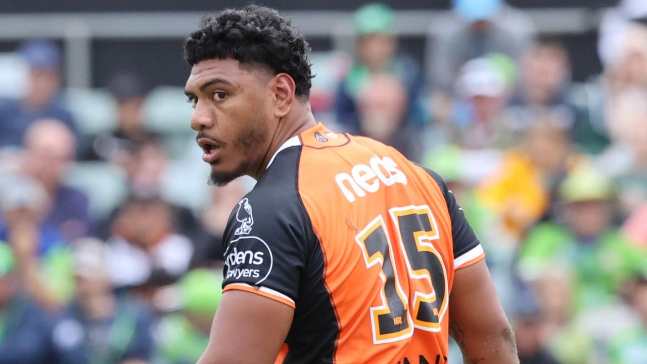 Thomas Mikaele of the West Tigers CANBERRA, AUSTRALIA MARCH 14, 2021. NRL ROUND ONE. RAIDERS VS WEST TIGERS