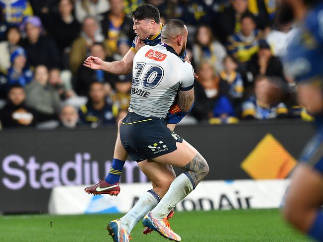 Asofa-Solomona could be in trouble for this shoulder charge on Mitchell Moses. Picture: NRL Image