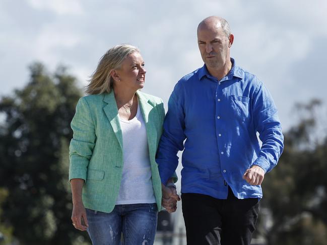 MELBOURNE , AUSTRALIA. March 14 , 2024.  AFLÃ Ex Footscray footballer Nigel Kellett and partner Sue at beach over looking Williamstown Ã   Pic: Michael Klein