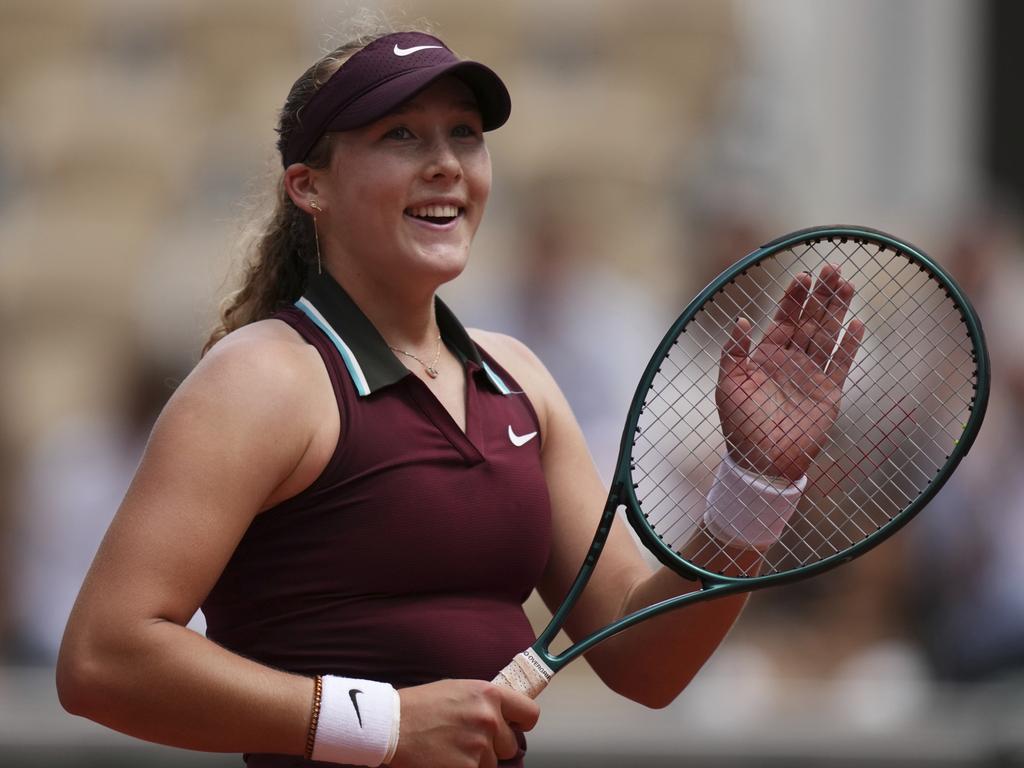 Russia's Mirra Andreeva celebrates after defeating Daria Kasatkina at the French Open. Picture: AP Photo