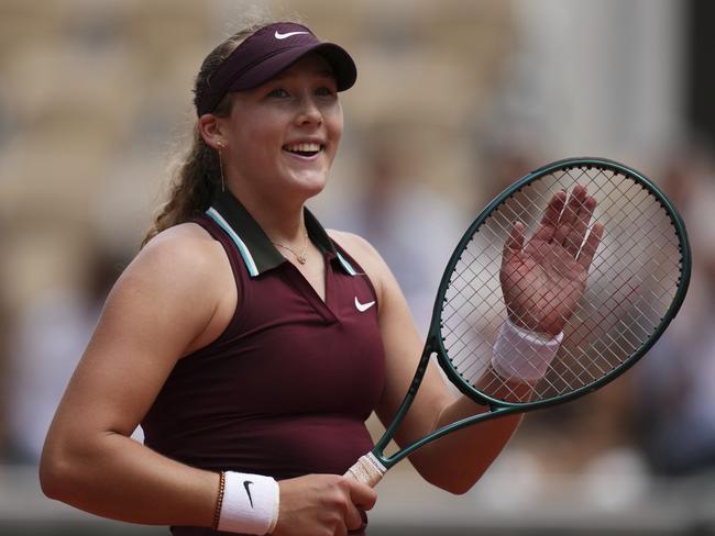 Russia's Mirra Andreeva celebrates after defeating Daria Kasatkina at the French Open. Picture: AP Photo