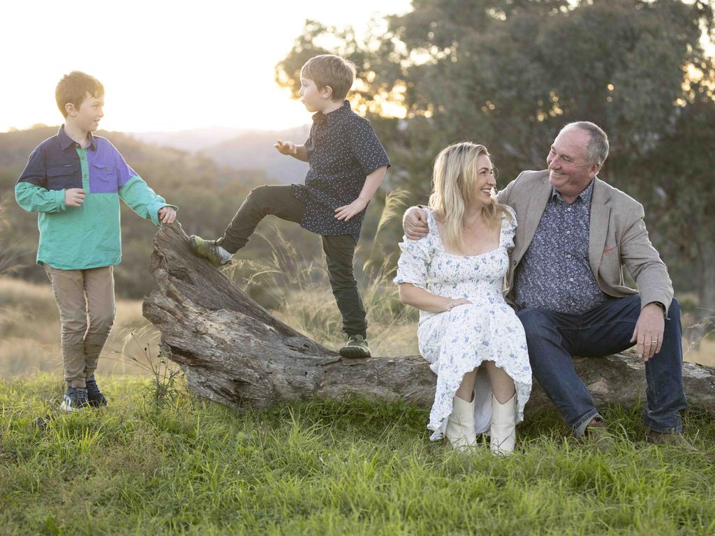 05-06-2025 - Barnaby Joyce with wife Vikki and children Tom and Sebastian (wearing jacket) on their property near Woolbrook. Picture: Ryan Osland / The Australian
