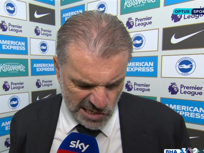 Tottenham manager Ange Postecoglou shows his disgust in his post-match interview after Spurs 3-2 loss to Brighton.