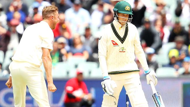 Stuart Broad celebrates dismissing Peter Handscomb.