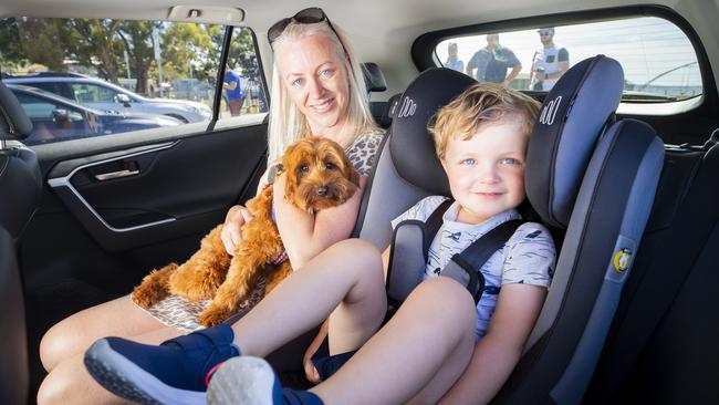 Leah Tierney with her son Ned Wills, 3, as the RACT warns about the danger of leaving children and dogs in cars. Picture: RICHARD JUPE