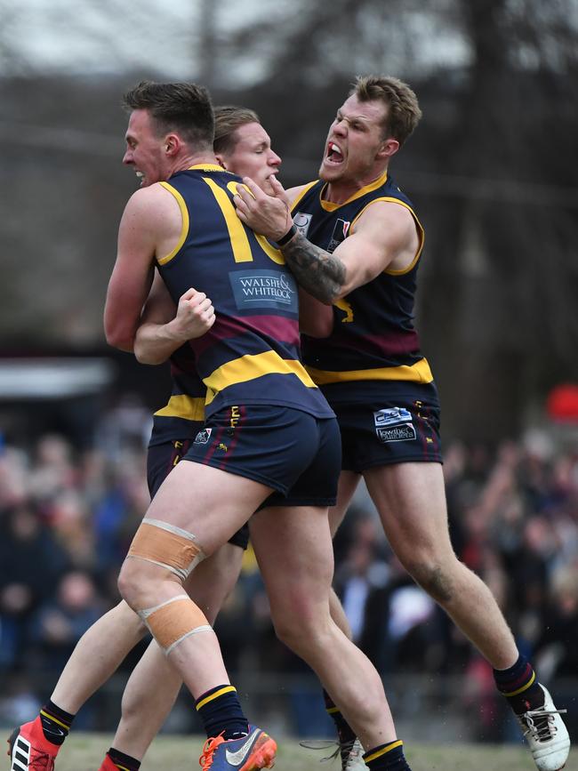 Doncaster East players celebrate a goal during the EFL Div 2 Grand Final.