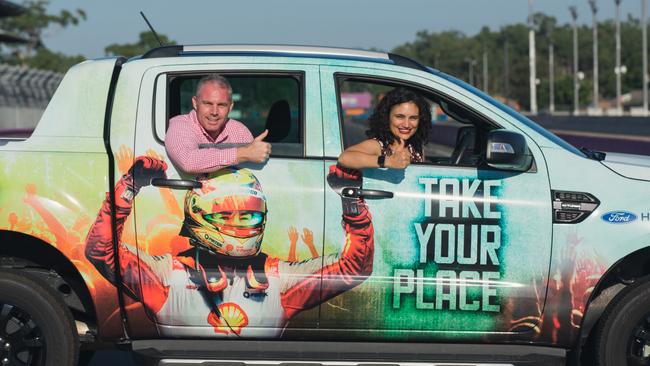 NT Major Events Company chief executive Tim Watsford and Tourism Minister Lauren Moss trackside as the BetEasy Darwin Triple Crown race is announced for August. The event is expected to be a boon for NT tourism. Picture: Glenn Campbell