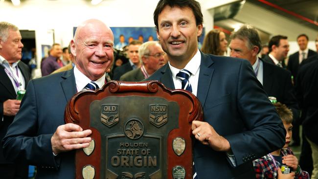 Bob Fulton and Laurie Daley celebrate after NSW’s 2014 State of Origin triumph.