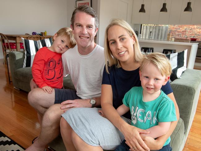 Father-of-two Tom Moloney, 35, his wife Shanelle, 33, and two children George, 4, and Max, 2, recently refinanced their home loan to get a better deal. Picture: Jay Town.