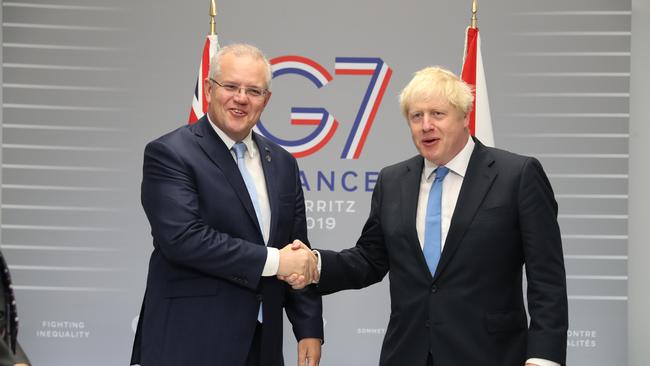 Prime Minister Scott Morrison holds a bilateral meeting with UK leader Boris Johnson at the G7 Summit in Biarritz, France in 2019. Picture: Adam Taylor/PMO