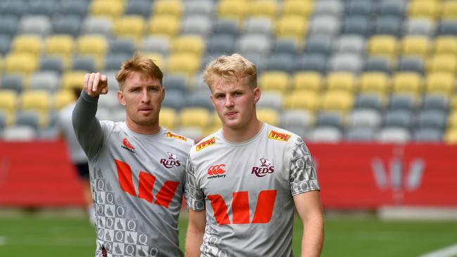 Tom Lynagh (right) will partner Tate McDermott in the halves for the Queensland Reds on Saturday. Picture: Evan Morgan