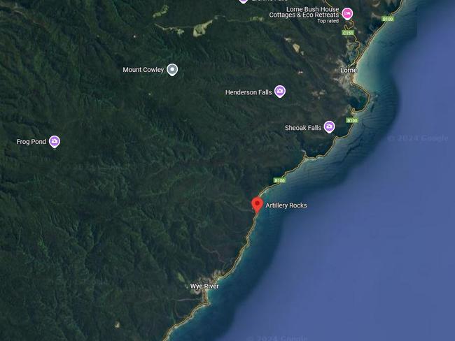 He was last seen in the surf near Artillery Rocks, close by to the popular Jamieson Creek campsite, and about halfway between Lorne and Wye River.