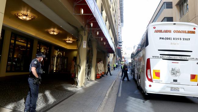 Passengers arrive at the Playford Hotel after a mercy flight from Mumbai. Picture: Kelly Barnes