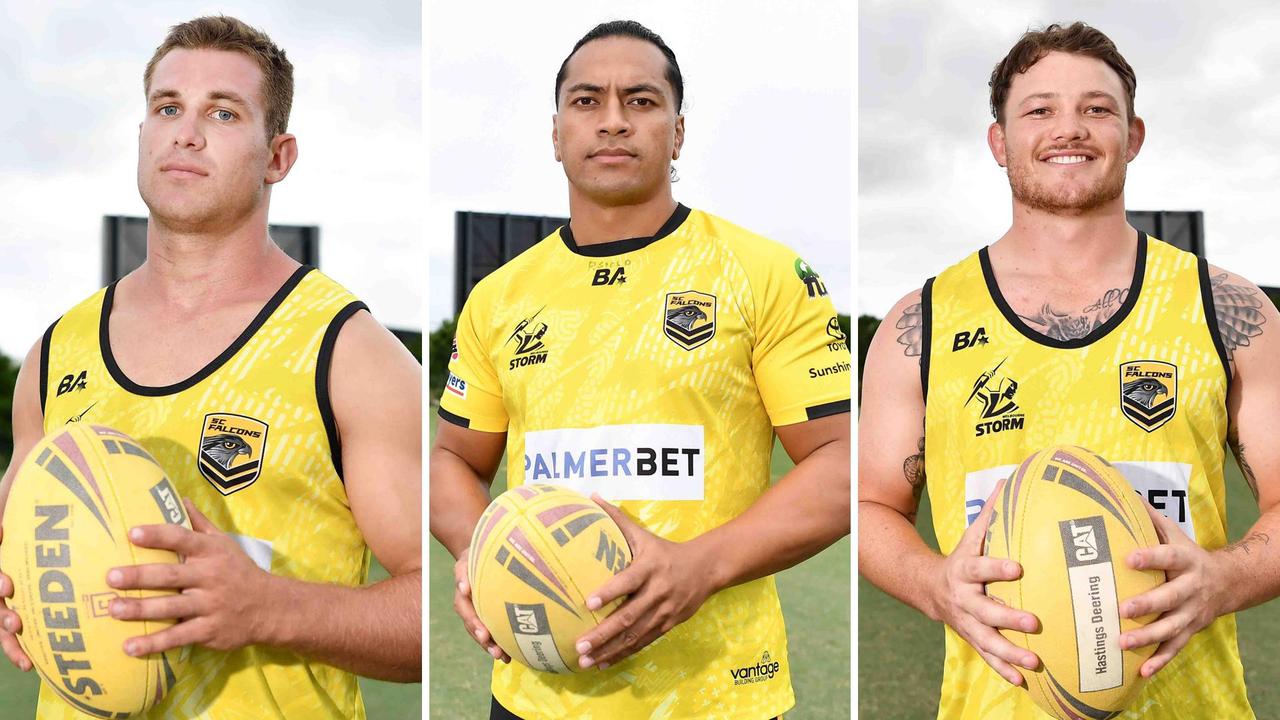 Sunshine Coast Falcons players Luke Polselli, Patrice Siolo and Sam Burns. Pictures: Patrick Woods.