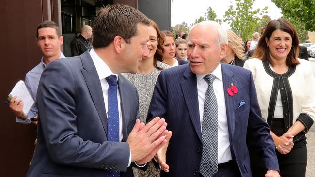 Matthew Guy with John Howard in Melbourne yesterday. Picture: Stuart McEvoy