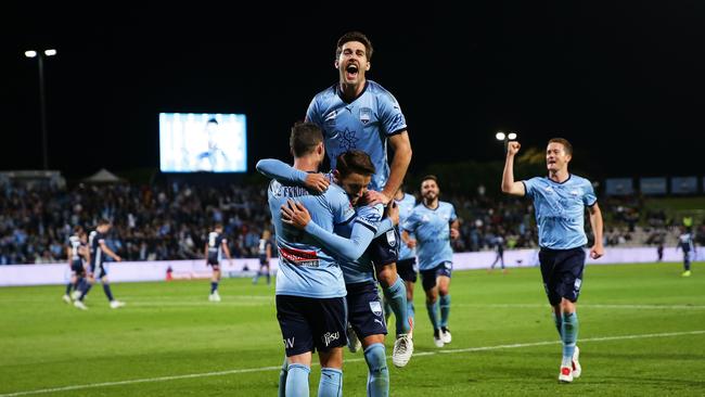 Sydney FC's Adam Le Fondre celebrates a penalty goal during the Semi Final A-League match between Sydney FC and Melbourne Victory. Picture: Brett Costello