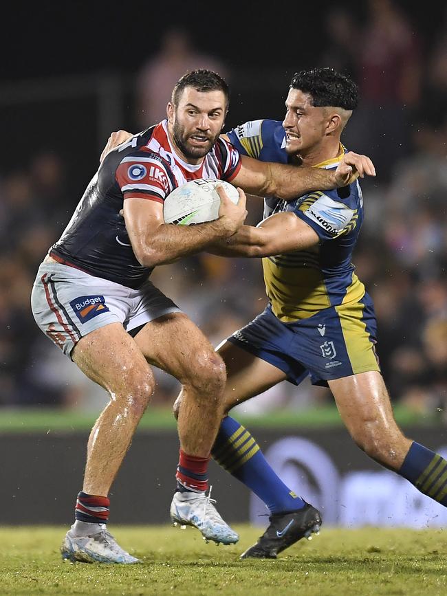 James Tedesco of the Roosters is tackled during the round 20 NRL match between the Sydney Roosters and the Parramatta Eels at BB Print Stadium in Mackay, Australia. (Photo by Albert Perez/Getty Images)