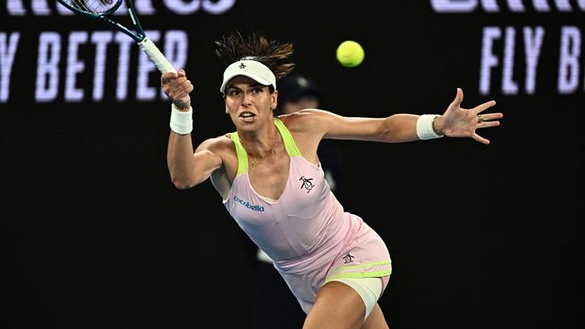 Ajla Tomljanovic hits a return on her way to victory against Croatia’s Petra Martic. Picture: AFP