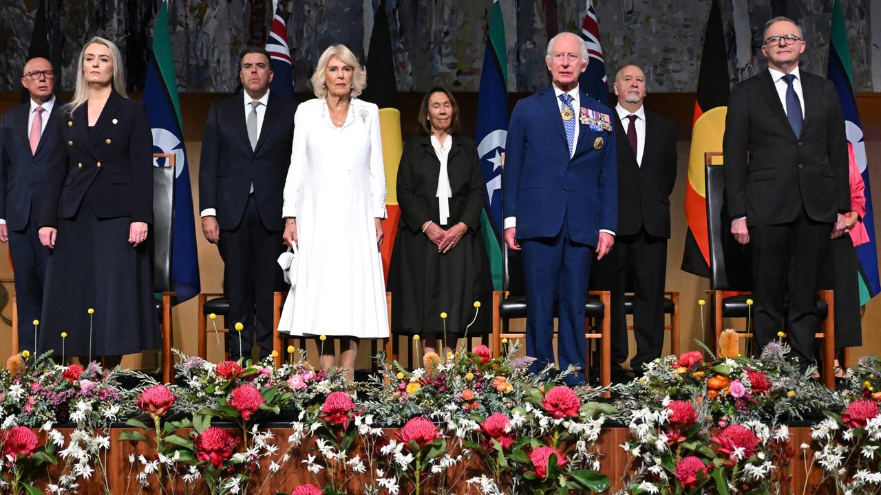 Jodie Haydon, Queen Camilla, King Charles III and Prime Minister of Australia Anthony Albanese attend a Parliamentary reception hosted by Mr Albanese and Ms Hardon at Parliament House in Canberra. Picture: Lukas Coch-Pool/Getty Images