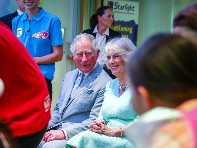 Prince Charles and Camilla, Duchess of Cornwall, watch a performance during their visit to the Lady Cilento Children’s Hospital in Brisbane. Picture: Patrick Hamilton/AFP