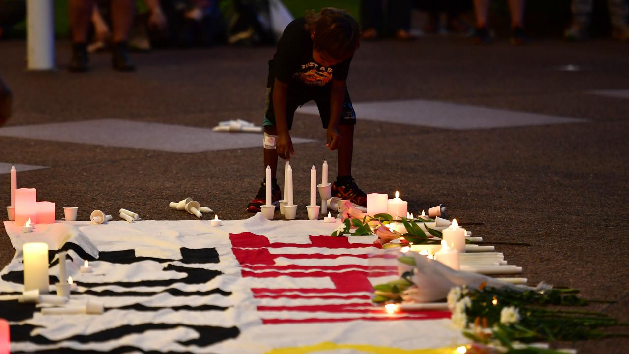 Hundreds of Top End residents gathered outside the NT Parliament on Wednesday for a vigil for Kumanjayi White, a 24-year-old Warlpiri man with a disability who died after being restrained by police in the Alice Springs Coles. Picture: Zizi Averill