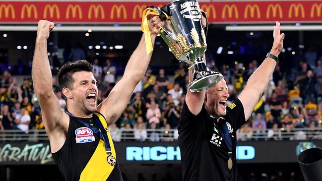 Captain Trent Cotchin and coach Damien Hardwick celebrate the Tigers’ 2020 Grand Final triumph over Geelong. Picture: Bradley Kanaris/AFL Photos/via Getty Images