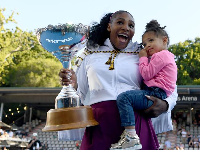 AUCKLAND, NEW ZEALAND - JANUARY 12:  Serena Williams of the USA celebrates with daughter Alexis Olympia after winning the final match against Jessica Pegula of USA at ASB Tennis Centre on January 12, 2020 in Auckland, New Zealand. (Photo by Hannah Peters/Getty Images) *** BESTPIX ***