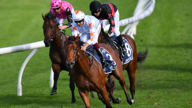 Jockey Hugh Bowman rides Farnan to victory in the Golden Slipper at Rosehill Gardens.