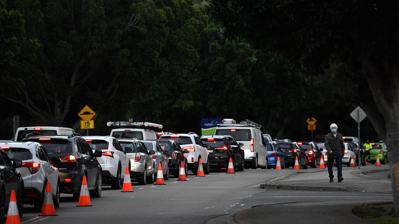 Days before harsh new testing rules come into effect, lines at Fairfield are stretching back kilometres. Picture: NCA NewsWire/Joel Carrett