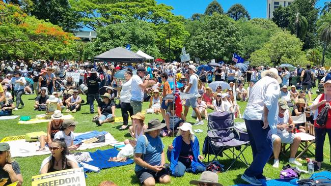 Large crowds gather at Brisbane’s botanic gardens for freedom rally protests. Picture: Richard Walker