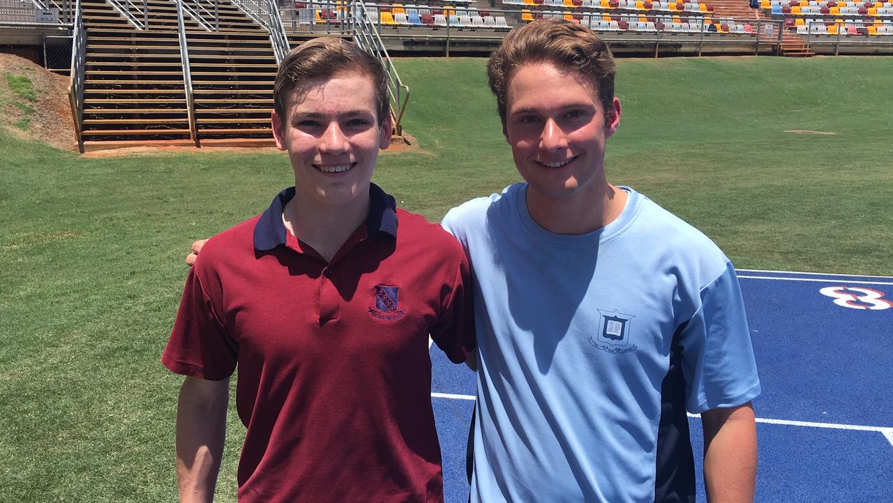 Tom Stunden from Brisbane Grammar School, right, beat Ben Roberts of BSHS in the 15 years discus at last year’s GPS Track and Field.