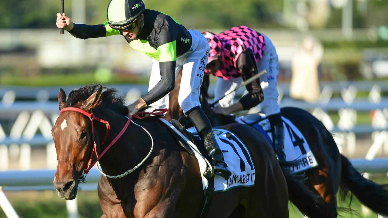 Supplied Editorial Think About It wins the Group 1 Kingsford Smith Cup at Eagle Farm for
 trainer Joe Pride and jockey Sam Clipperton. Picture: Grant Peters, Trackside Photography