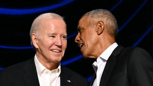 US President Joe Biden and former president Barack Obama attend a campaign fundraiser at the Peacock Theater in Los Angeles in June.