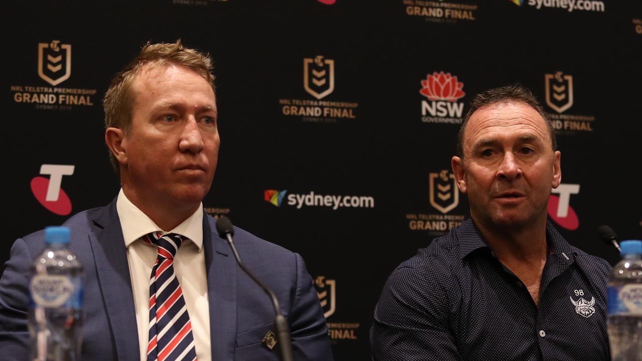 Trent Robinson and Ricky Stuart during a grand final press conference. Brett Costello