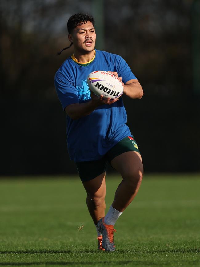 Jeremiah Nanai of Australia takes part in a Kangaroos Training Session at Carrington Training Ground in Manchester, England. Picture: Nathan Stirk/Getty Images