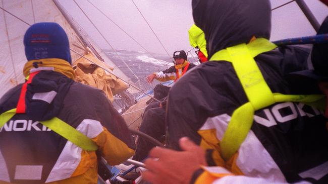  Photo taken by crew member on 30/12/98 shows other crew aboard yacht Nokia battling high winds during the 1998 Sydney to Hobart race. Picture: Yachting A/CT 