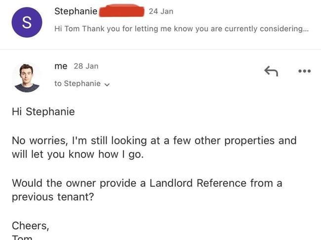 An Aussie comedian has revealed he had his rental application cancelled after a terse back-and-forth with his real estate agent.